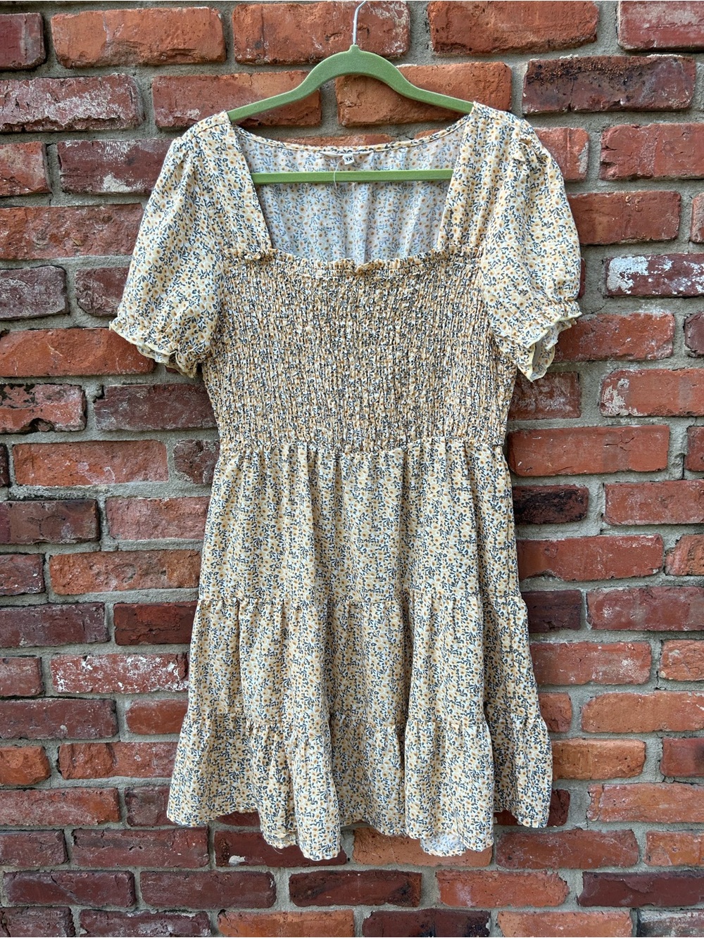A Hint of Blush Yellow Floral Print Dress Smocked Bodice Ruffle Square Neck 1X